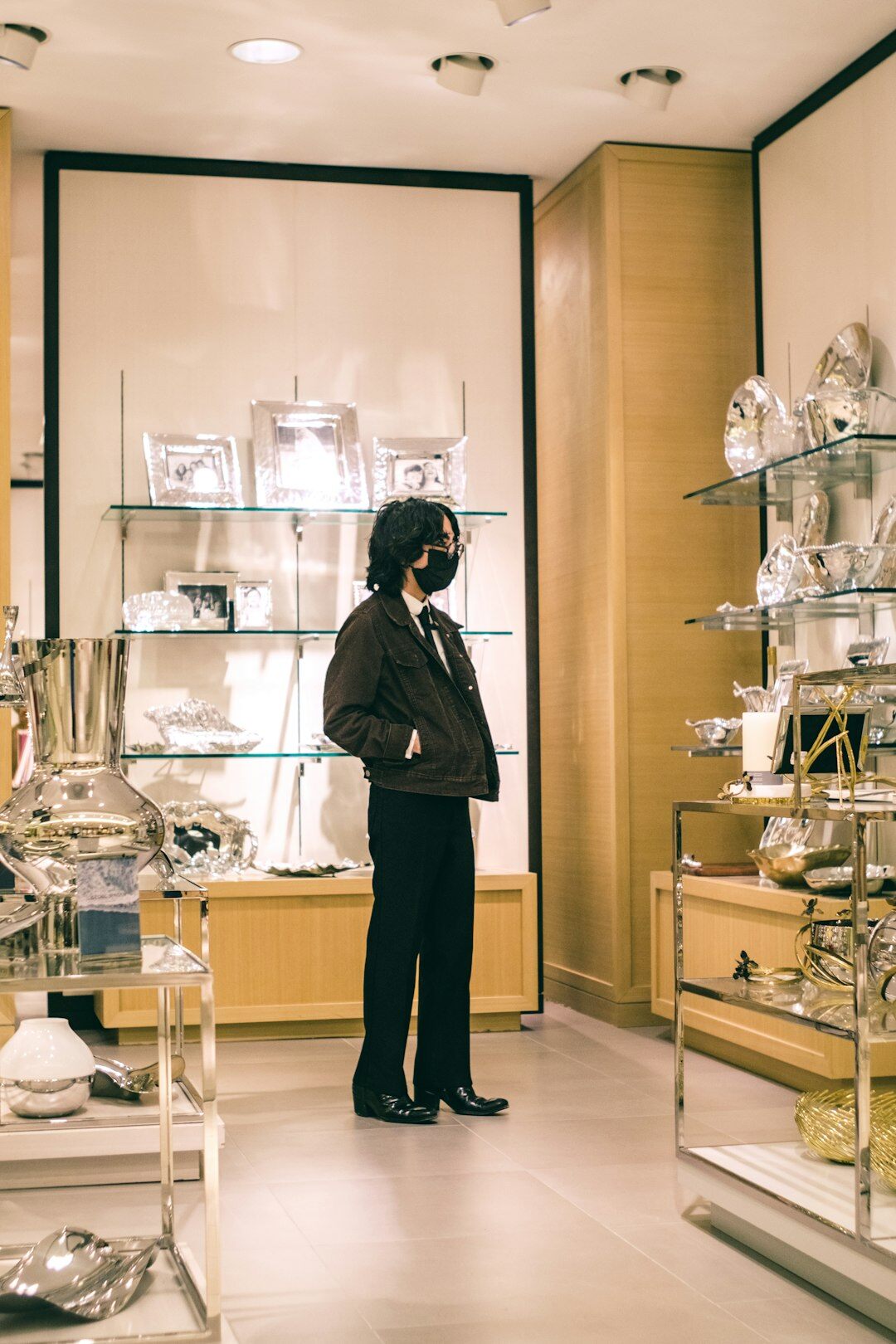 Elegant luxury boutique interior with glass display cases