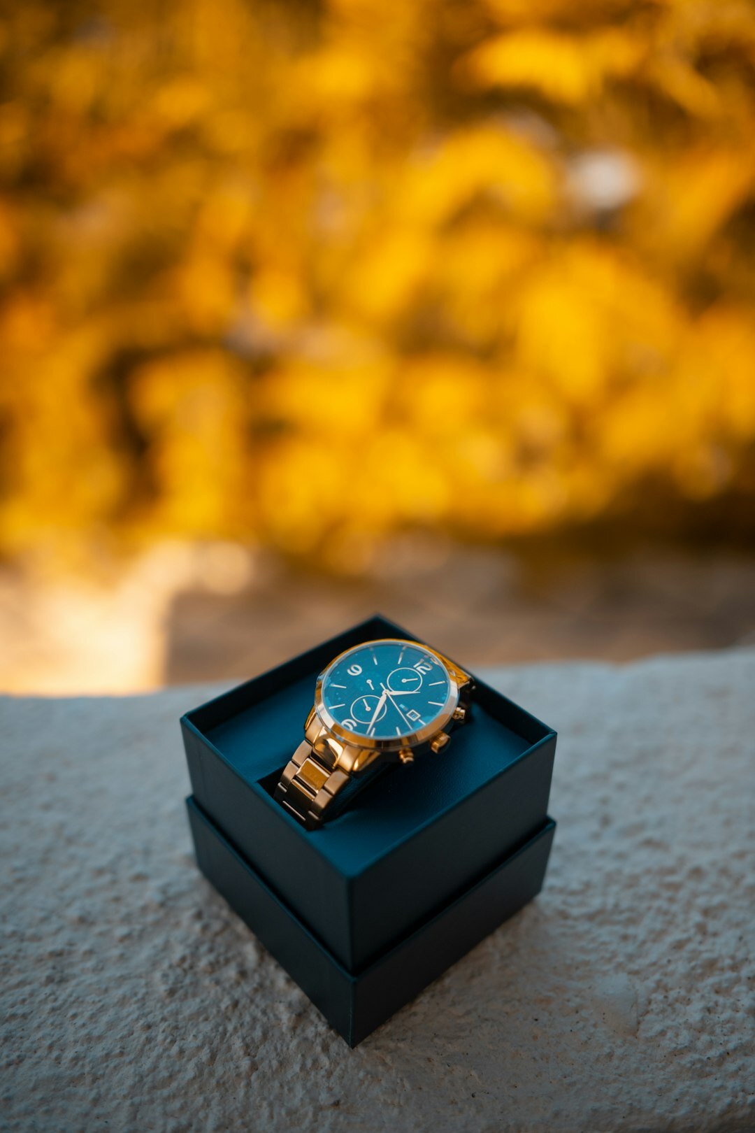 Luxury gold chronograph watch on a dark velvet display