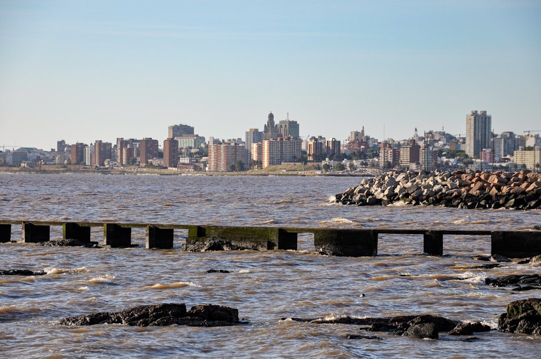 Montevideo waterfront rambla at dusk with city lights